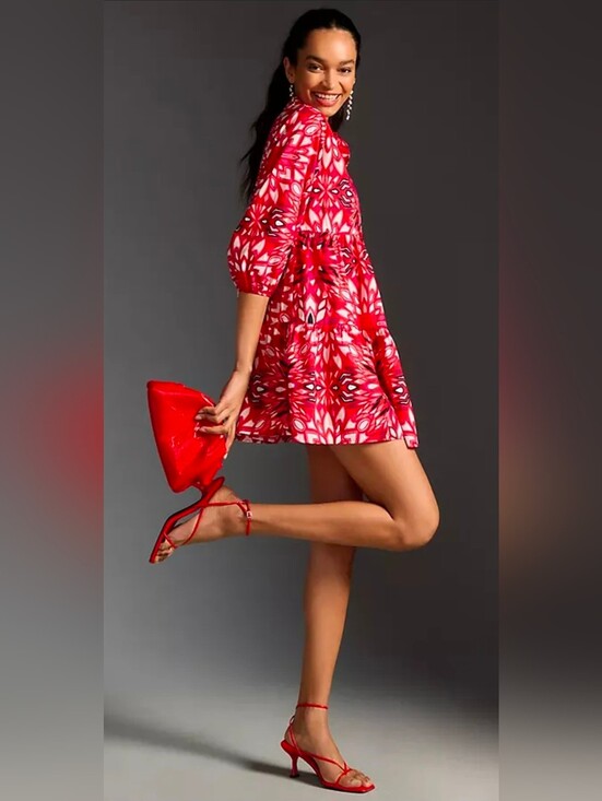 Maeve Dresses & Skirts - Maeve Anthropologie Bettina Tiered Shirt Dress Womens LARGE  Red Pink Floral